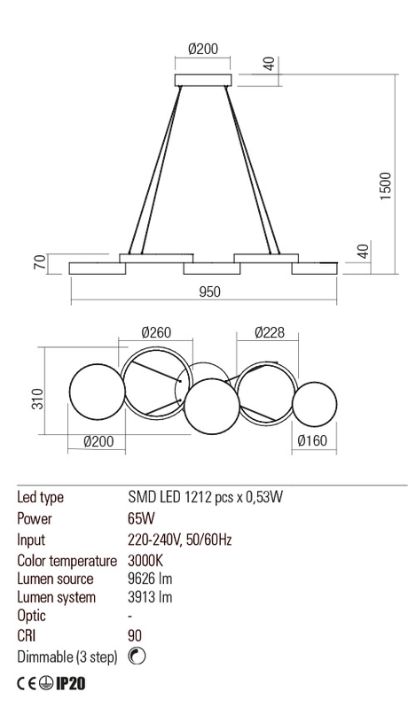 Suspensie CRONOS, alama, LED 65W, 3000K, 9626 lm, Redo 01-2543