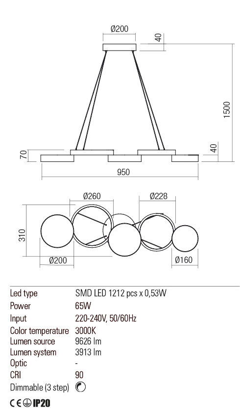 Suspensie CRONOS, alb mat, LED 65W, 3000K, 9626 lm, Redo 01-2542