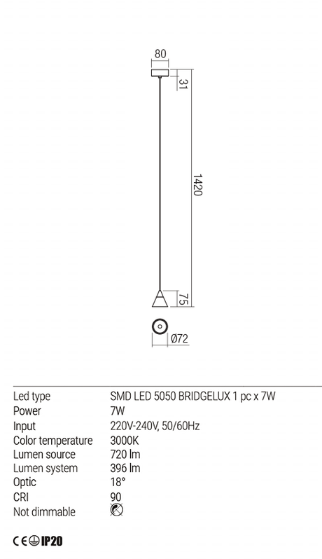 Suspensie EIKO, alb mat, LED 6W, 3000K, 630 lm, Redo 01-1750