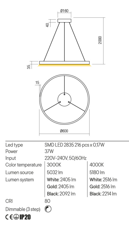 Suspensie FEBE, alb mat, LED 37W, 3000K, 5032 lm, Redo 01-2863