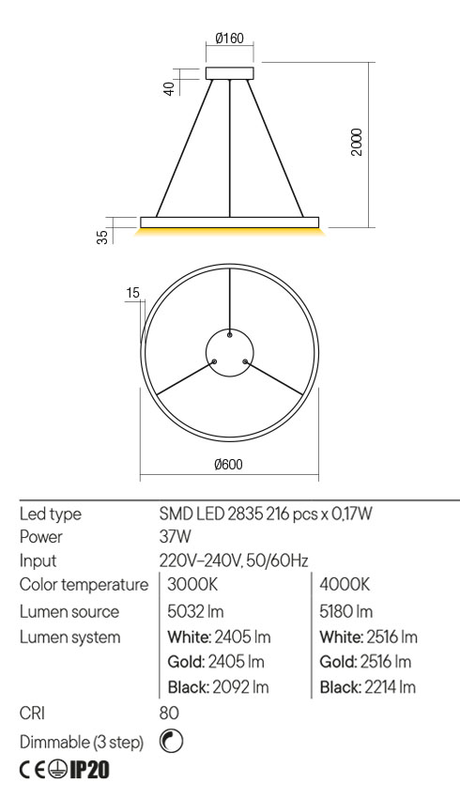 Suspensie FEBE, alb mat, LED 37W, 3000K, 5032 lm, Redo 01-2863