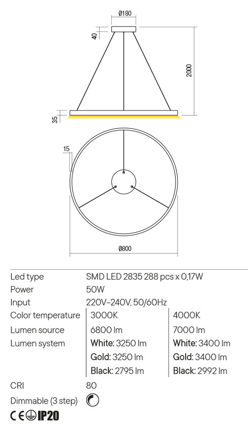 Suspensie FEBE, alb mat, LED 50W, 3000K, 6800 lm, Redo 01-2869