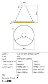 Suspensie FEBE, alb mat, LED 50W, 3000K, 6800 lm, Redo 01-2869