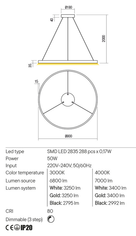 Suspensie FEBE, alb mat, LED 50W, 3000K, 6800 lm, Redo 01-2869