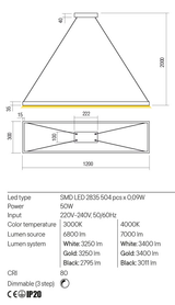 Suspensie FEBE, alb mat, LED 50W, 3000K, 6800 lm, Redo 01-2923