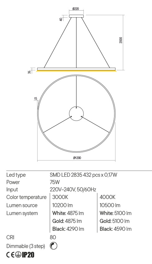 Suspensie FEBE, alb mat, LED 75W, 3000K, 10200 lm, Redo 01-2881