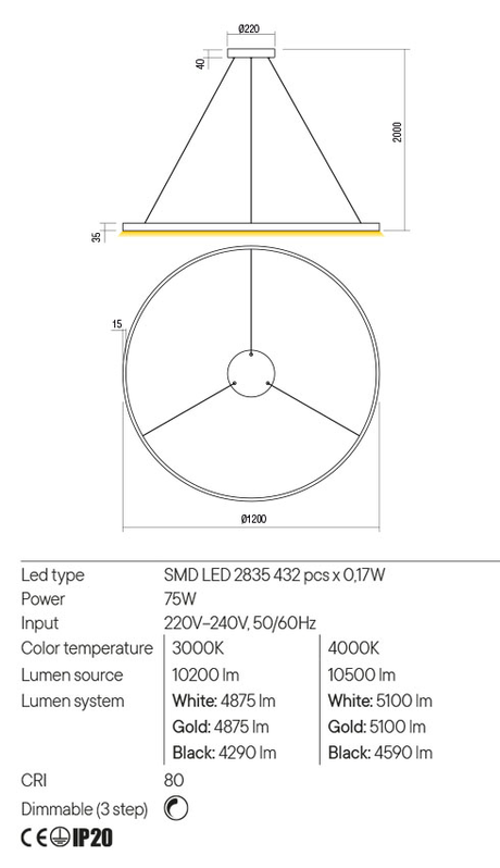 Suspensie FEBE, alb mat, LED 75W, 3000K, 10200 lm, Redo 01-2881