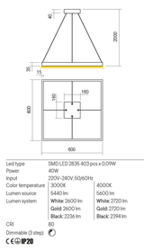 Suspensie FEBE, auriu mat, LED 40W, 4000K, 5600 lm, Redo 01-2902