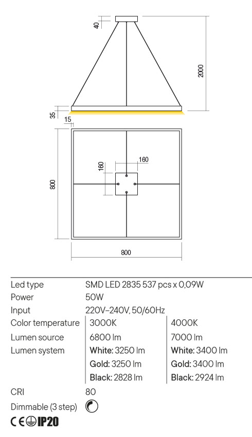 Suspensie FEBE, auriu mat, LED 50W, 3000K, 6800 lm, Redo 01-2907