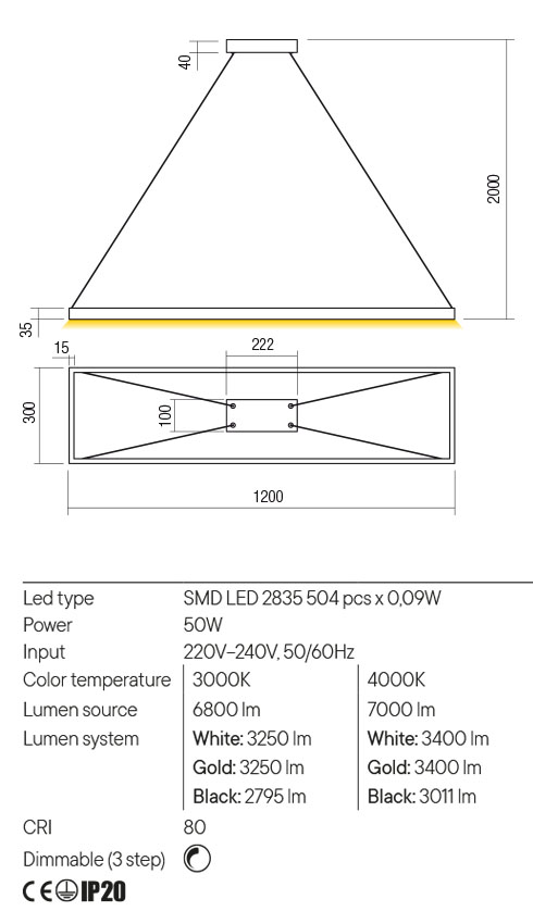 Suspensie FEBE, auriu mat, LED 50W, 3000K, 6800 lm, Redo 01-2925