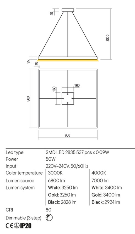 Suspensie FEBE, auriu mat, LED 50W, 4000K, 7000 lm, Redo 01-2908