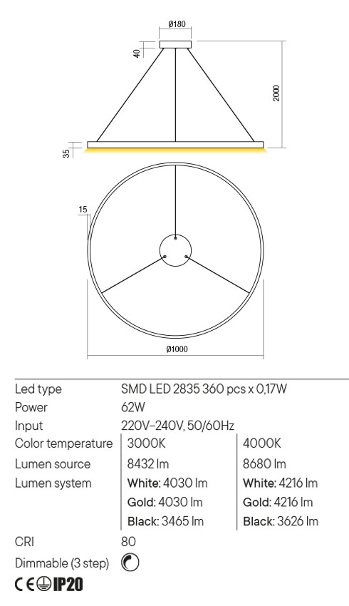 Suspensie FEBE, auriu mat, LED 62W, 3000K, 8432 lm, Redo 01-2877