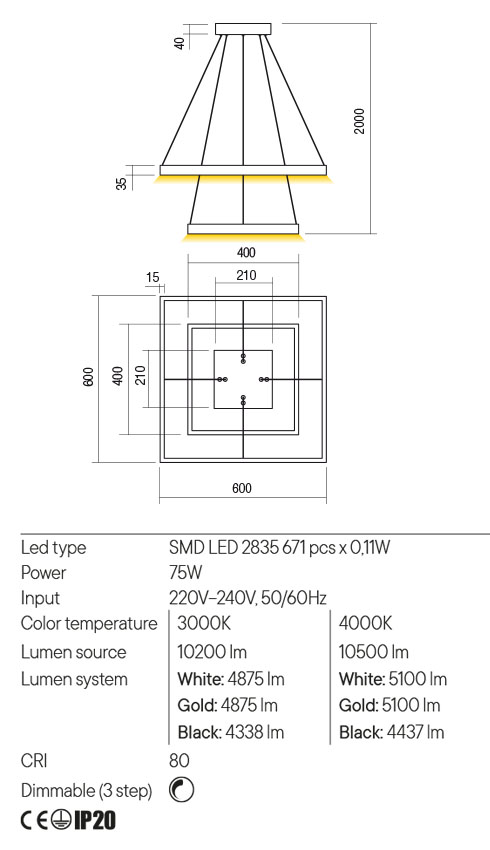 Suspensie FEBE, auriu mat, LED 75W, 3000K, 10200 lm, Redo 01-2913