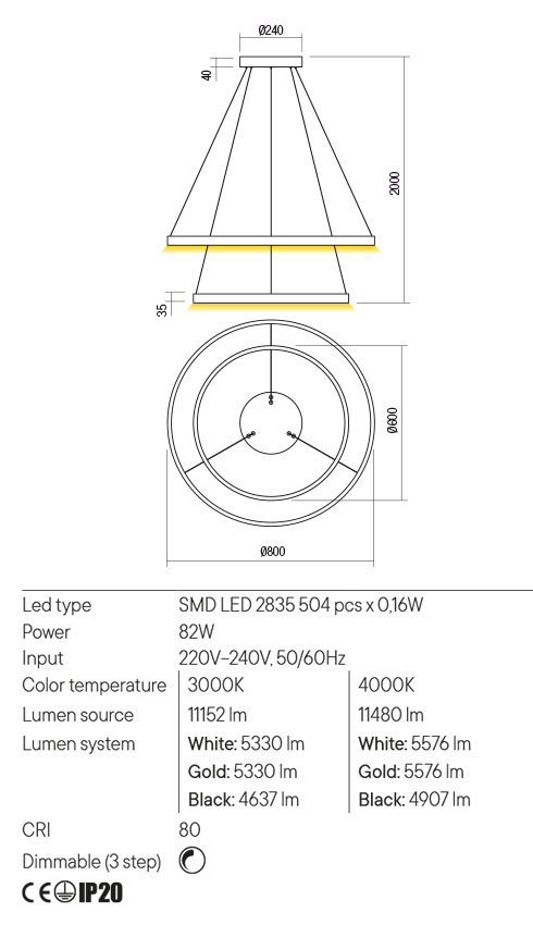 Suspensie FEBE, auriu mat, LED 82W, 4000K, 11480 lm, Redo 01-2896