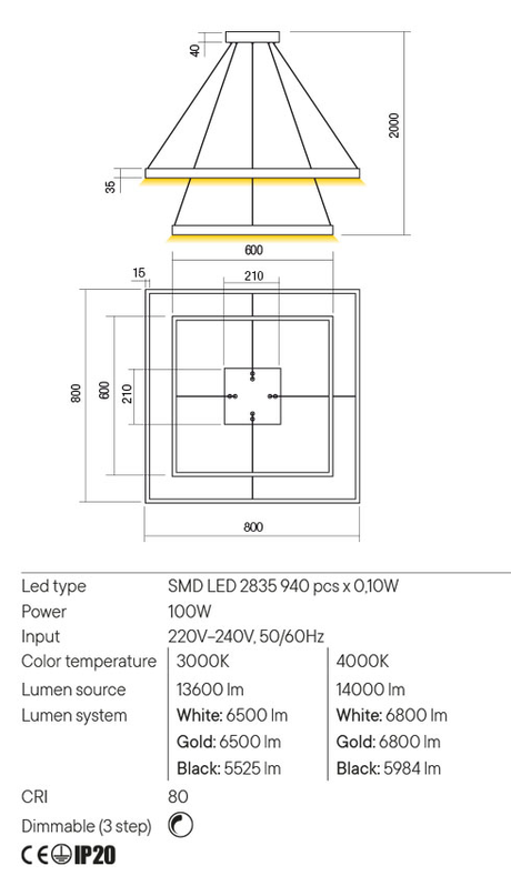 Suspensie FEBE, negru mat, LED 100W, 3000K, 13600 lm, Redo 01-2921