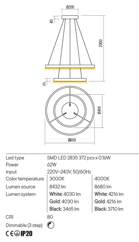 Suspensie FEBE, negru mat, LED 62W, 3000K, 8432 lm, Redo 01-2891