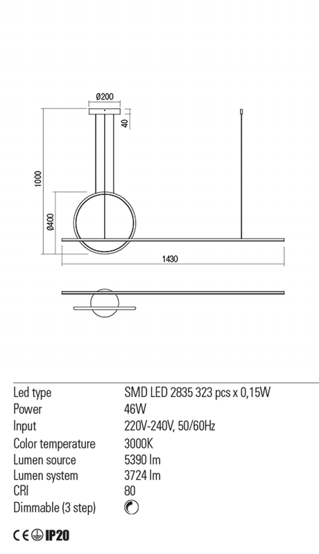 Suspensie GIOTTO, negru, LED 46W, 3000K, 5390 lm, Redo 01-1735