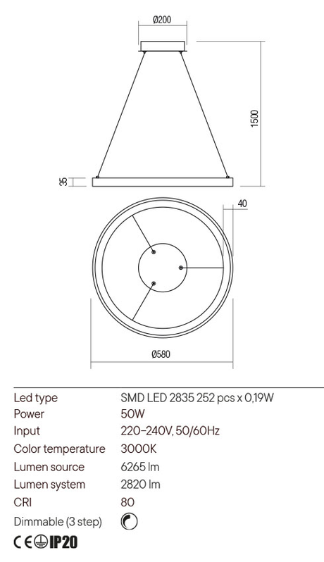 Suspensie ICONIC, alb mat, LED 50W, 3000K, 6265 lm, Redo 01-2672