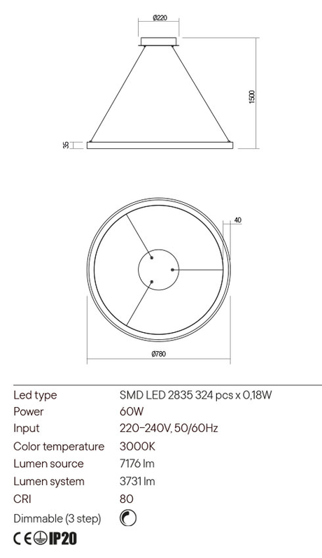 Suspensie ICONIC, alb mat, LED 60W, 3000K, 7176 lm, Redo 01-2675