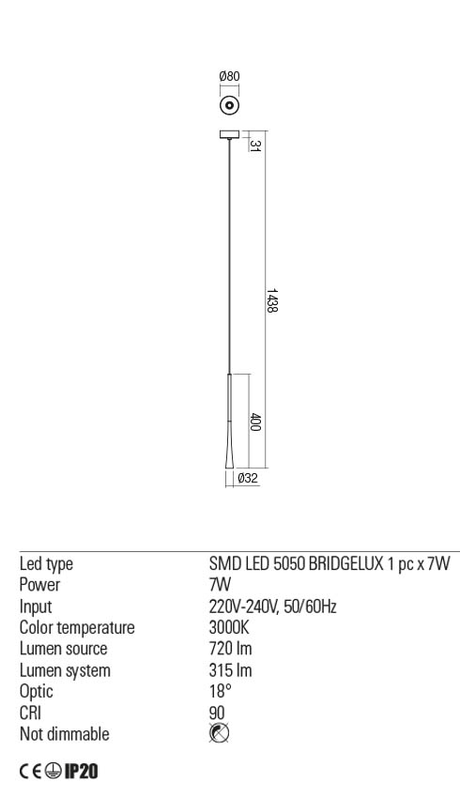 Suspensie ITO, alama periata, LED 6W, 3000K, 630 lm, Redo 01-2351