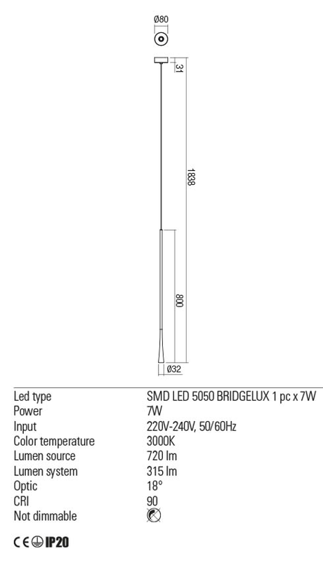 Suspensie ITO, alama periata, LED 6W, 3000K, 630 lm, Redo 01-2355