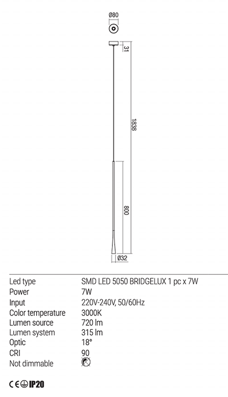 Suspensie ITO, alb mat, LED 6W, 3000K, 630 lm, Redo 01-1759