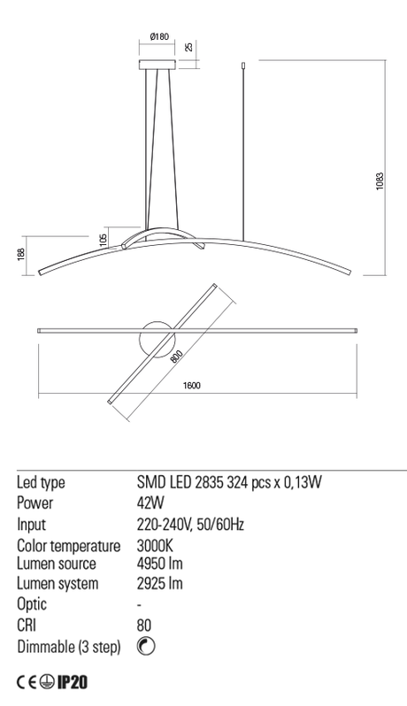 Suspensie KATANA, alb mat, LED 42W, 3000K, 4950 lm, Redo 01-2101