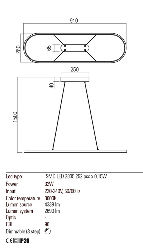 Suspensie LAP, alb mat, LED 32W, 3000K, 4339 lm, Redo 01-2523