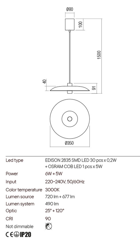 Suspensie LARS, alb, LED 6W + 5W, 3000K, 720 lm + 677 lm, Redo 01-2736