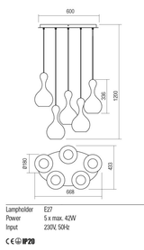 Suspensie LOB, fumuriu, E27, 5 x  42W, Redo 01-2262