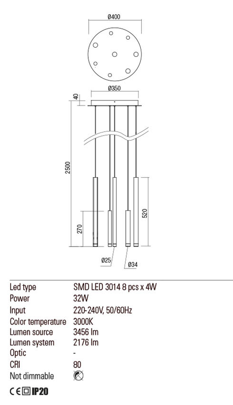 Suspensie MADISON, anodizat auriu mat, LED 32W, 3000K, 3639 lm, Redo 01-2050