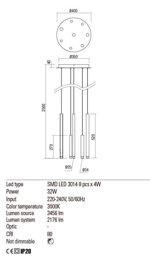 Suspensie MADISON, anodizat cupru mat, LED 32W, 3000K, 3639 lm, Redo 01-2051