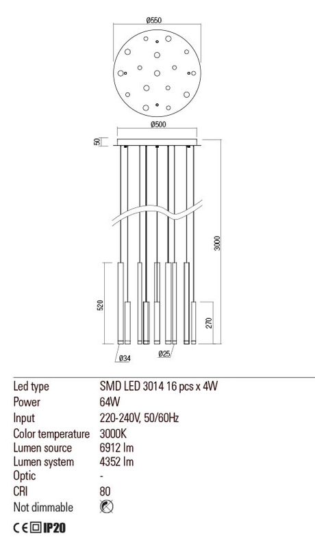 Suspensie MADISON, crom+cupru mat+negru, LED 64W, 3000K, 7718 lm, Redo 01-2061