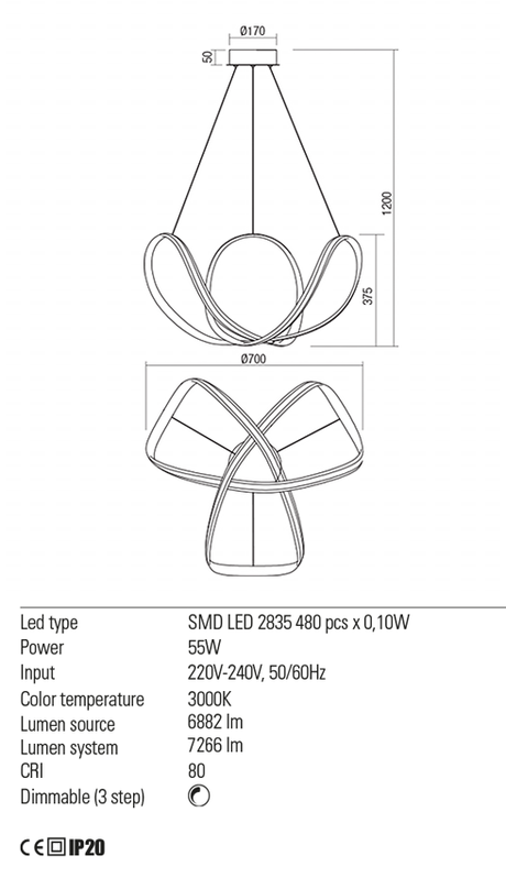 Suspensie NUCLEO, LED 55W, 3000K, 6882 lm, Redo 01-1784