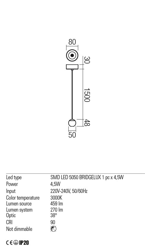 Suspensie OBO, alama periata, LED 4, 5W, 3000K, 405 lm, Redo 01-2357