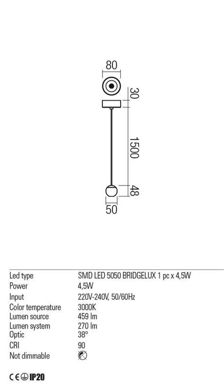 Suspensie OBO, maro mat, LED 4, 5W, 3000K, 405 lm, Redo 01-1833