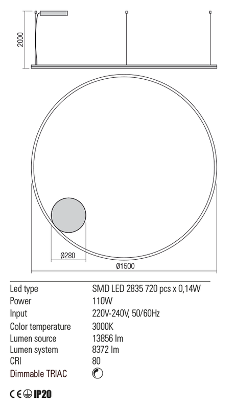 Suspensie ORBIT, alb mat, LED 110W, 3000K, 13856 lm, Redo 01-1718-TRIAC