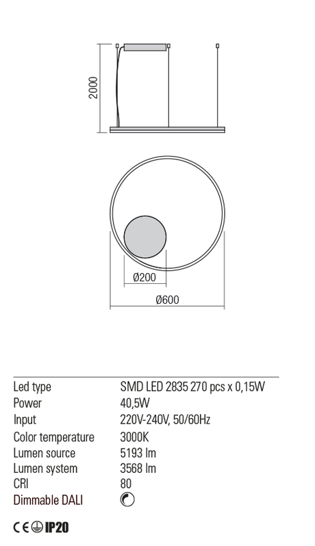 Suspensie ORBIT, alb mat, LED 40, 5W, 3000K, 5193 lm, Redo 01-1710-DALI