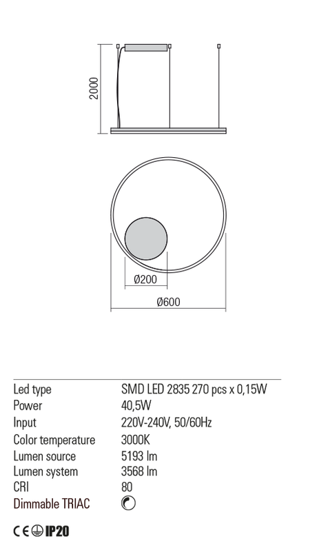 Suspensie ORBIT, alb mat, LED 40, 5W, 3000K, 5193 lm, Redo 01-1710-TRIAC