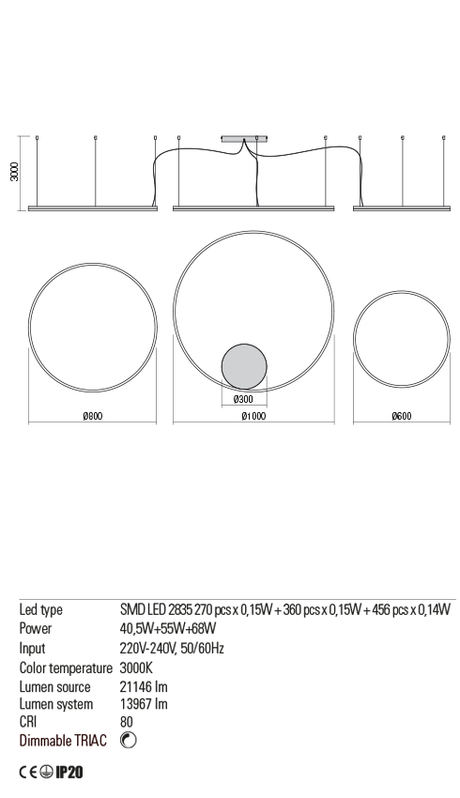 Suspensie ORBIT, alb mat, LED 40, 5W + 55W + 68W, 3000K, 21146 lm, Redo 01-1722-TRIAC