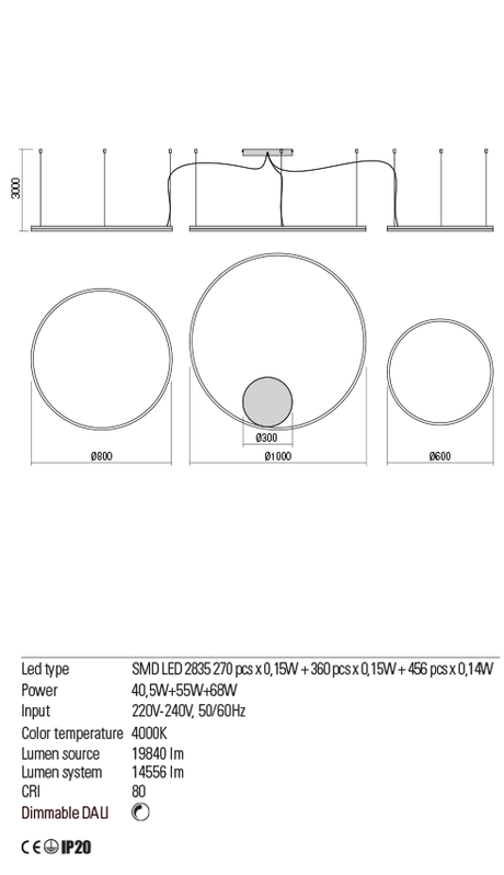 Suspensie ORBIT, alb mat, LED 40, 5W + 55W + 68W, 4000K, 22181 lm, Redo 01-1924-DALI