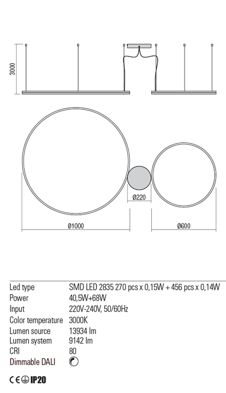 Suspensie ORBIT, alb mat, LED 40, 5W + 68W, 3000K, 13934 lm, Redo 01-1720-DALI