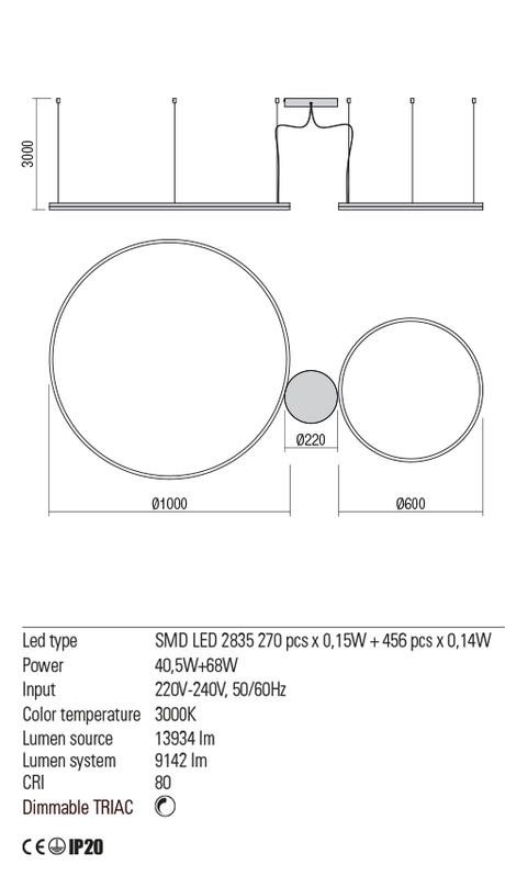 Suspensie ORBIT, alb mat, LED 40, 5W + 68W, 3000K, 13934 lm, Redo 01-1720-TRIAC