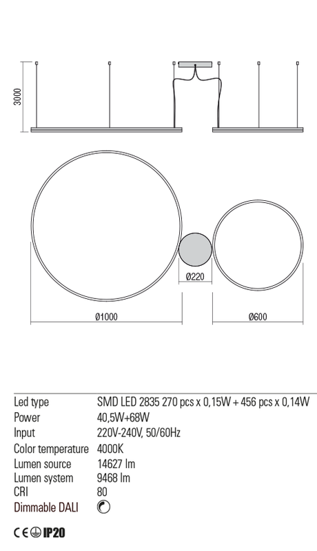 Suspensie ORBIT, alb mat, LED 40, 5W + 68W, 4000K, 14627 lm, Redo 01-1922-DALI