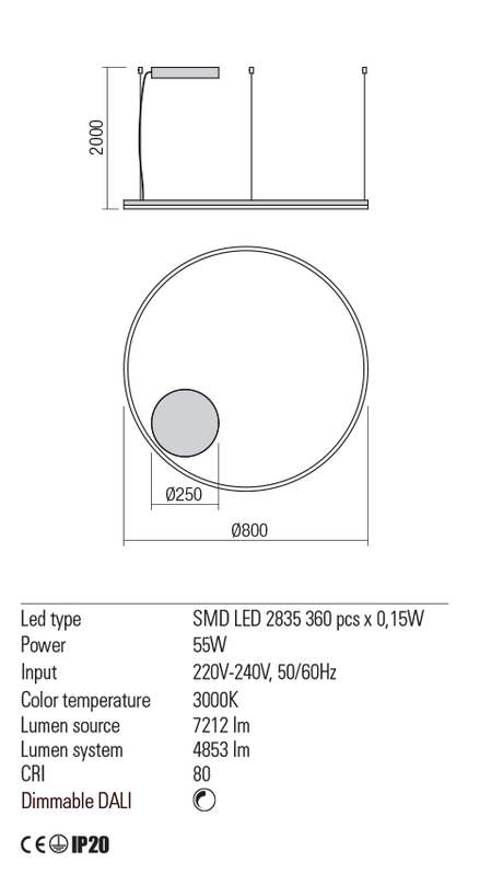 Suspensie ORBIT, alb mat, LED 55W, 3000K, 7212 lm, Redo 01-1712-DALI