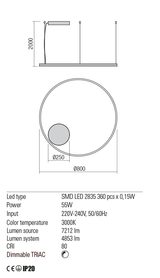 Suspensie ORBIT, alb mat, LED 55W, 3000K, 7212 lm, Redo 01-1712-TRIAC