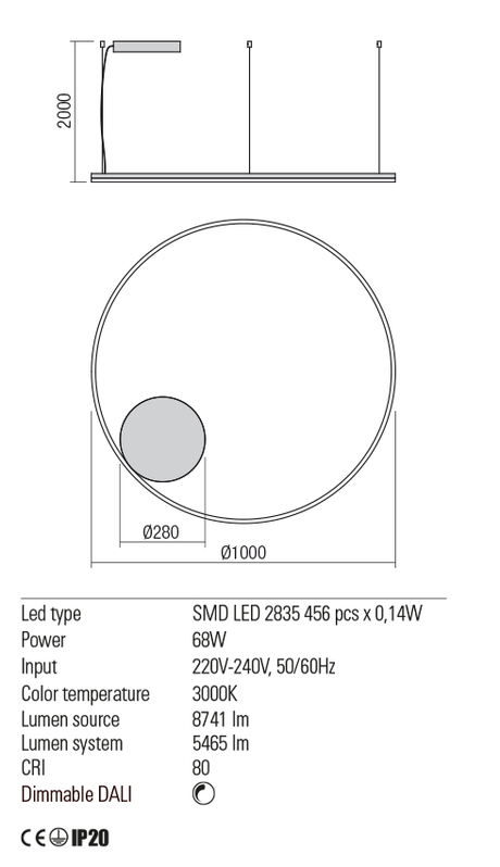 Suspensie ORBIT, alb mat, LED 68W, 3000K, 8741 lm, Redo 01-1714-DALI