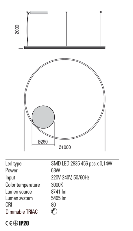 Suspensie ORBIT, alb mat, LED 68W, 3000K, 8741 lm, Redo 01-1714-TRIAC