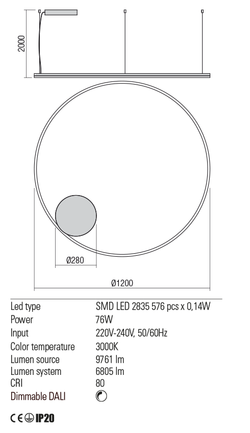 Suspensie ORBIT, alb mat, LED 76W, 3000K, 9761 lm, Redo 01-1716-DALI