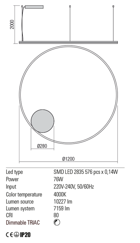 Suspensie ORBIT, alb mat, LED 76W, 4000K, 10227 lm, Redo 01-1918-TRIAC